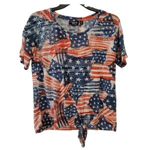 Onque Casual Women Patriotic American Flag Print Short Sleeve Tee Top Knot PL